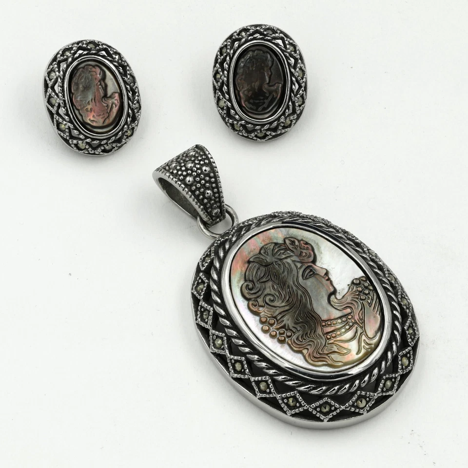 Colgante y pendientes de marcasita camafeo abulón acero inoxidable 316 Foto 1 de 4