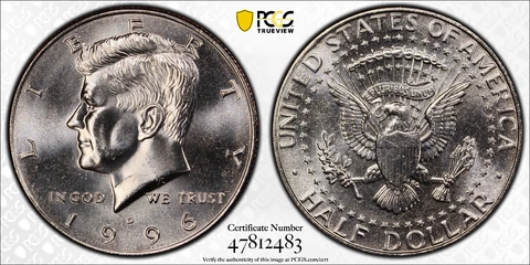 1996 D 50c KENNEDY HALF DOLLAR PCGS MS65 Protected by Gold Shield & TrueView Cover