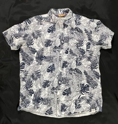 Free Planet Hawaiian Shirt Button Up White And Navy Blue Floral Plants Mens M - Image 1 of 4