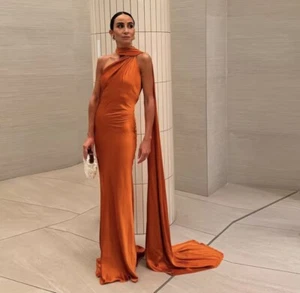 Maxi Vestido Naranja Invitado de Boda Satén, Largo Halter Vestido de Noche - Talla M UK 10 - Imagen 1 de 2