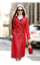 Women red sheepskin long coat designer leather jacket red long trench overcoat 2