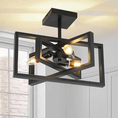 Farmhouse Black Metal Cage 3-Light Rectangular Ceiling Chandelier - Image 1 of 4