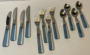 Klar Blau Achteck Kunststoff Acryl Griff Edelstahl Besteck Menge 12 - Bild 1 von 5