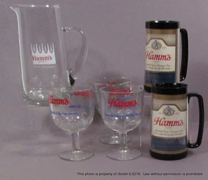 6-PC Vintage HAMM'S BEER GLASS PITCHER, COFFEE MUGS, LARGE STEMMED GLASSES - Picture 1 of 8
