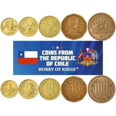 Chile | 5 Coin Set | 1 Peso 5 10 50 100 Pesos | Bernardo O'Higgins | 1981 - 2023 - Image 1 of 2