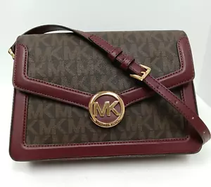 Michael Kors Jessie Shoulder Bag Medium MK Logo 38S1CI6L6V Burgundy & Brown - Picture 1 of 23