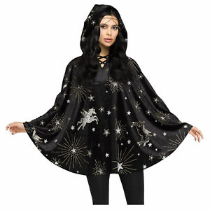 Womens Hooded Unicorn Sorceress Poncho Velvet Cape Celestial Halloween Costume