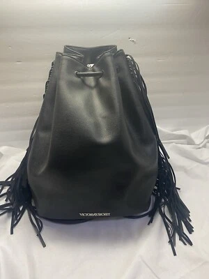 Victoria’s Secret Black Fringe Backpack Purse Cinch Bag Western Boho Biker Nice - Image 1 of 4