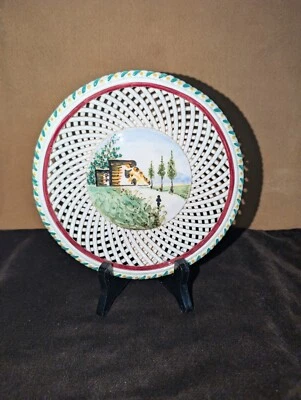 Plato redondo vintage Italia pintado a mano arte celosía cerámica campo granja 7,5" Foto 1 de 4