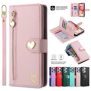 For iPhone 15 14 Pro Max 13 12 11 XR X WOMEN Leather Card Wallet Flip Case Strap - Picture 1 of 19