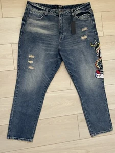 Men’s Ed Hardy Denim Jeans New York City Eagle Patch Distressed Jeans, Size 40 - Picture 1 of 4