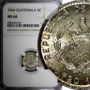 GUATEMALA Silver 1964 5 Centavos NGC MS66 GEM BU MINT LUSTER KM# 261 (027) - Picture 1 of 5