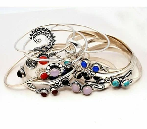 Turquoise & Mixed Gemstone 50pcs Cuff Bracelets Wholesale Lots 925 Silver Plated - Picture 1 of 4