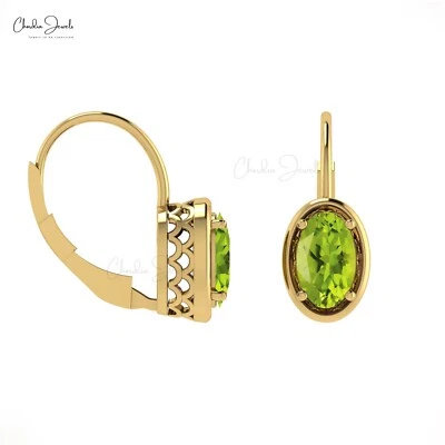 7x5mm Peridot Earrings Real 14k Gold Oval Leverback Dangle Earrings Gift for Her - Image 1 of 4