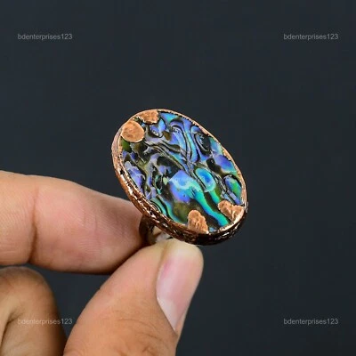 Valentines Deal 铜椭圆形天然鲍鱼壳电成型多石戒指 — 第 1/4 张图片