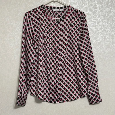 Camisa Top Liz Claiborne Blanca Negra Rosa Estampado Geométrico Manga Larga Abotonada M Foto 1 de 4