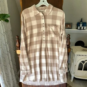 NWOT Soft Surroundings small Cream & Tan Plaid Flannel Shirt top mad over plaid - Picture 1 of 11