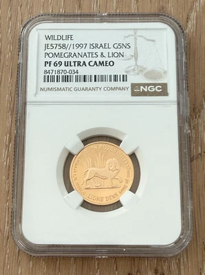 Israel 1997 Gold 1/4 oz 5 New Sheqalim NGC PF69UC Pomegranates and Lion - Image 1 of 2