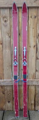 Vintage Old Snow Skis  71" Long RED Finish with Old Metal Cable Bindings - Image 1 of 4