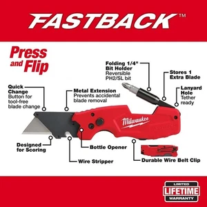 Milwaukee Press and Flip Fastback 6IN1 Folding Utility Knife 48-22-1505 - Picture 1 of 9