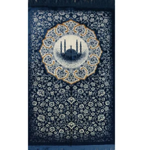 Alfombra de oración de terciopelo de peluche islámica turca Janamaz Sajada floral mezquita azul - Imagen 1 de 4