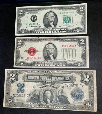 Set of $1；$2；$5 red,bule,green seal ,2 Dollar 1899 Silver Certificate,1917 $1 - Image 1 of 4