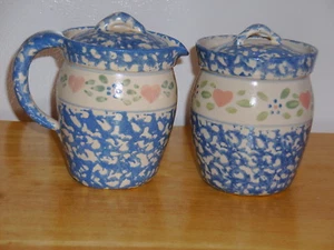 East Texas Pottery Marshall, TX Creamer & Sugar Set Blue W/ Hearts and Flowers - Picture 1 of 1