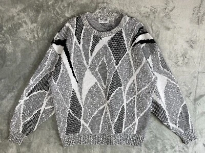 复古 80 年代 90 年代圆领爷爷毛衣男式 XL 灰色垃圾爸爸复古学院 — 第 1/4 张图片