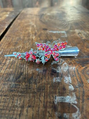 Винтажный большой красный со стразами бабочка волос зажим заколка серебристого тона металла - Изображение 1 из 4