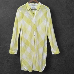 Chico's Women Gingham Maxi Shirt Size L (3) Yellow White Linen No Iron - Picture 1 of 14