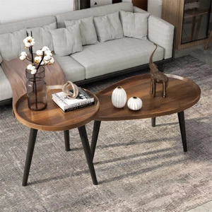 2PCS Mid-Century Coffee Table Set Solid Wood Nesting Tables Accent Ottoman Table - Picture 1 of 12