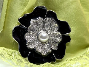 Vintage Brooch Flower Black Enamel Rhinestones Diamante Pearl Silver Metal 28.97 - Picture 1 of 9