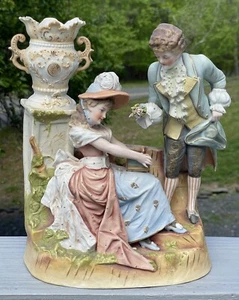 Antique Bisque Porcelain Sculpture Couple Bouquet & Book Victorian Spill Vase - Picture 1 of 19