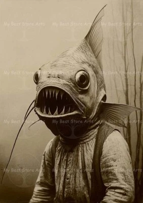 FANTASY FISH DEMON MASK ART PRINT – Horror Halloween Decor, Spooky Gothic Poster - Изображение 1 из 2