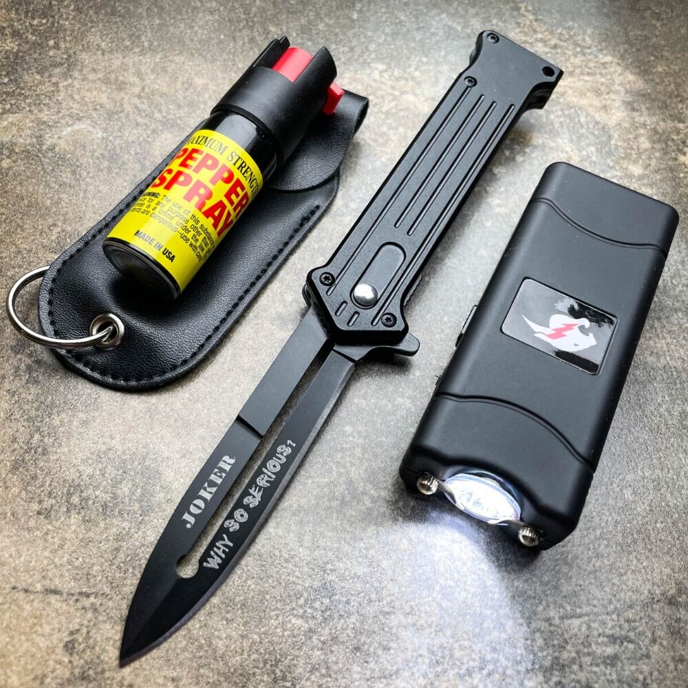 Self Defense Tactical Stun Gun Flashlight + Pocket Knife + Pepper Spray Set NEW
