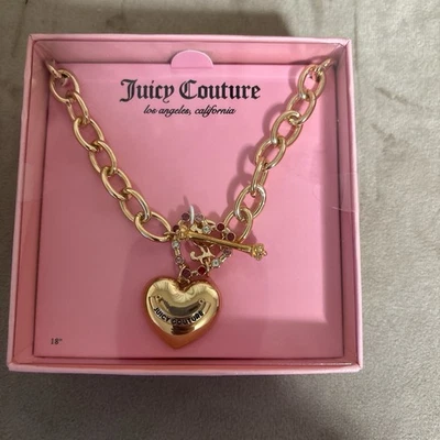 Vintage Juicy Couture Chunky Gold Tone Puffy Heart Charm Toggle Necklace - Image 1 of 4