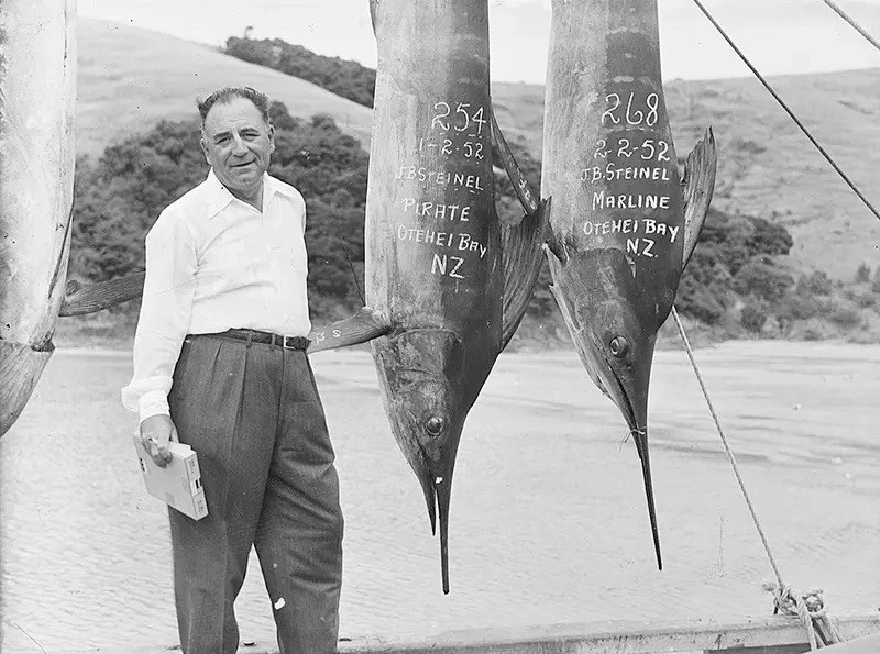 fisherman  J.B. Steinel, with two large marlins caught in Otehei Bay Photo8.5x11 - Image 1 of 1