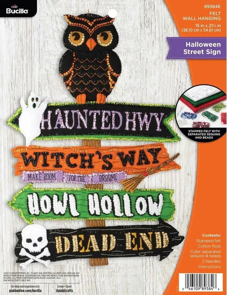 Bucilla Felt Wall Hanging Applique Kit Halloween Street Sign 89384E