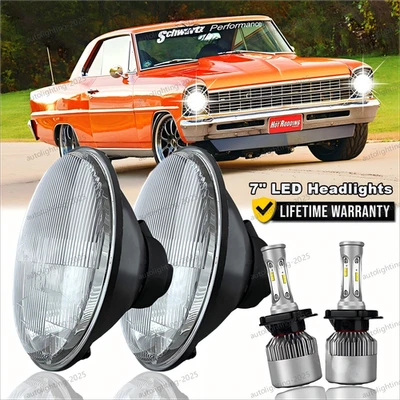 Pair 7" inch Round LED Headlights DRL Hi-Lo for Chevrolet Chevy II 1962-1967 - Image 1 of 4
