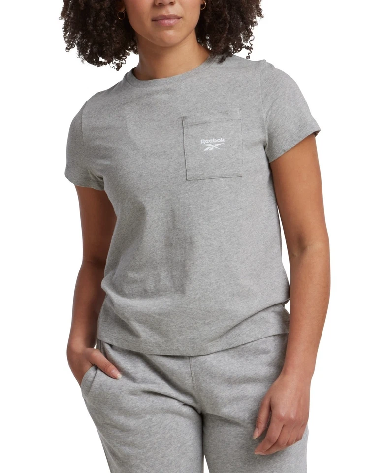 Reebok Women's Gray Small-Logo Pocket Cotton T-Shirt Top Size XL
