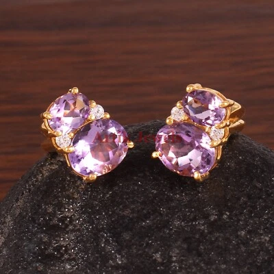 Gemelos de plata de ley 925 chapados en oro con piedras preciosas de amatista natural #158 Foto 1 de 3