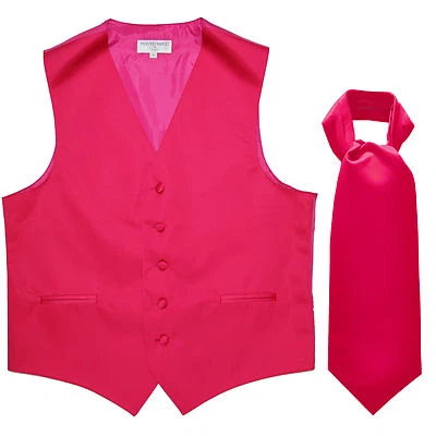 New Men's Formal Tuxedo Vest Waistcoat solid_Ascot cravat Hot Pink Wedding prom - Image 1 of 3