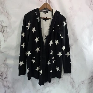 Hot Topic Cardigan Women Medium Black White Open Front Sweater Star Print Hood - Picture 1 of 13