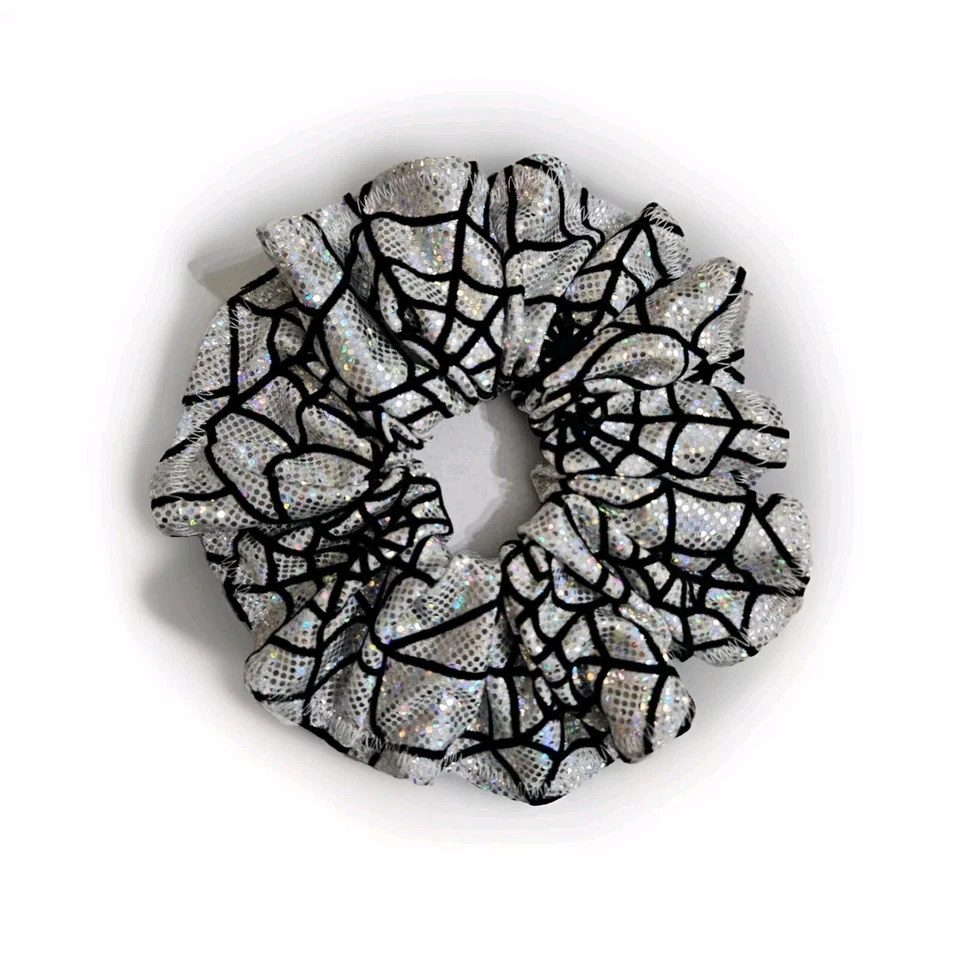 Handmade Scrunchie New Hair Tie Halloween White Glitter Web Spandex Size: Large. - Image 1 of 1