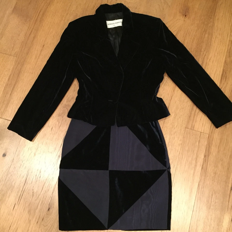 Traje Falda Terciopelo Azul Alberta Ferretti Talla 6 8 EE. UU. Precioso Foto 1 de 4