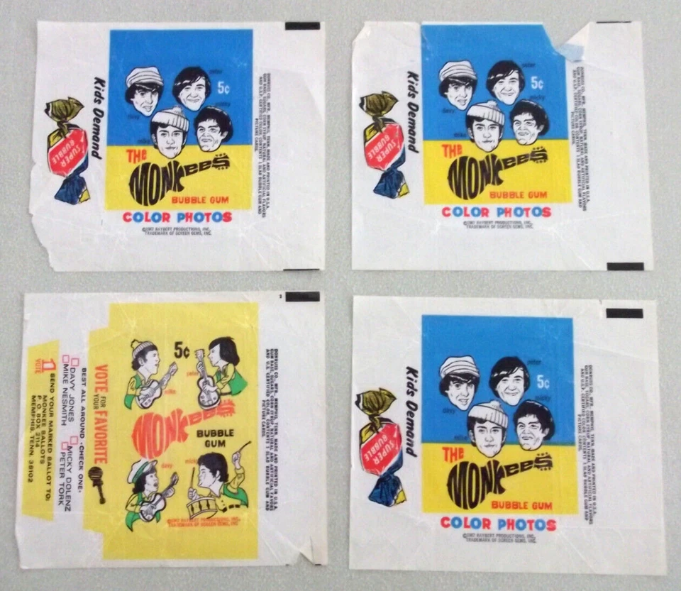 THE MONKEES Lot of 4 RARE 1966 & 1967 1 Vote 3 Gum WAX PACK GUM WRAPPERS - Image 1 of 4