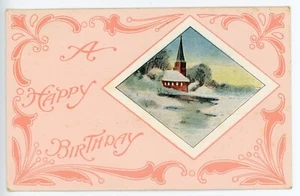 Antigua Postal Feliz Cumpleaños Iglesia Escena Grabada Dividida Trasera Publicada 1910 - Imagen 1 de 2