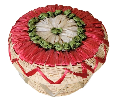 VTG Mini Sew Basket Woven Coil Sea Grass Trinket Box Colorful Red Raffia Flower Cover