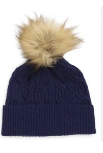 NWT NORDSTROM Pom Pom Beanie Wool & Recycled Cashmere Blend Navy Blue 🎁 - Picture 1 of 3