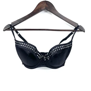 Playboy Push Up Bra Size 10E Black Satin Demi Cup Studded Ribbon Bow Underwire - Picture 1 of 9